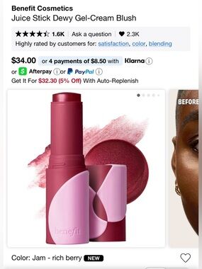 Benefit Cosmetics Juice Stick Dewy Gel-Cream Blush | Jam Rich Berry Blush Stick